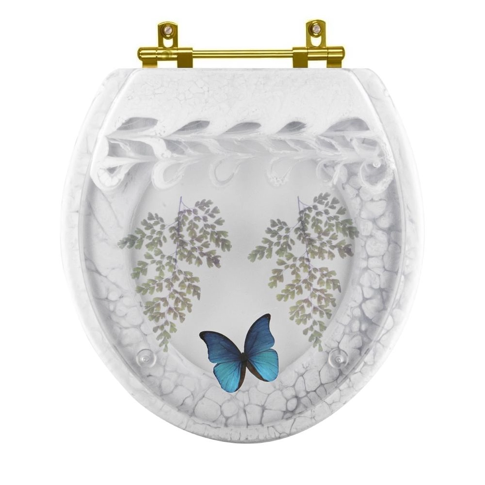 Assento Sanitário Decorado Oval Convencional Com Borboleta Azul Com Ferragem Dourada