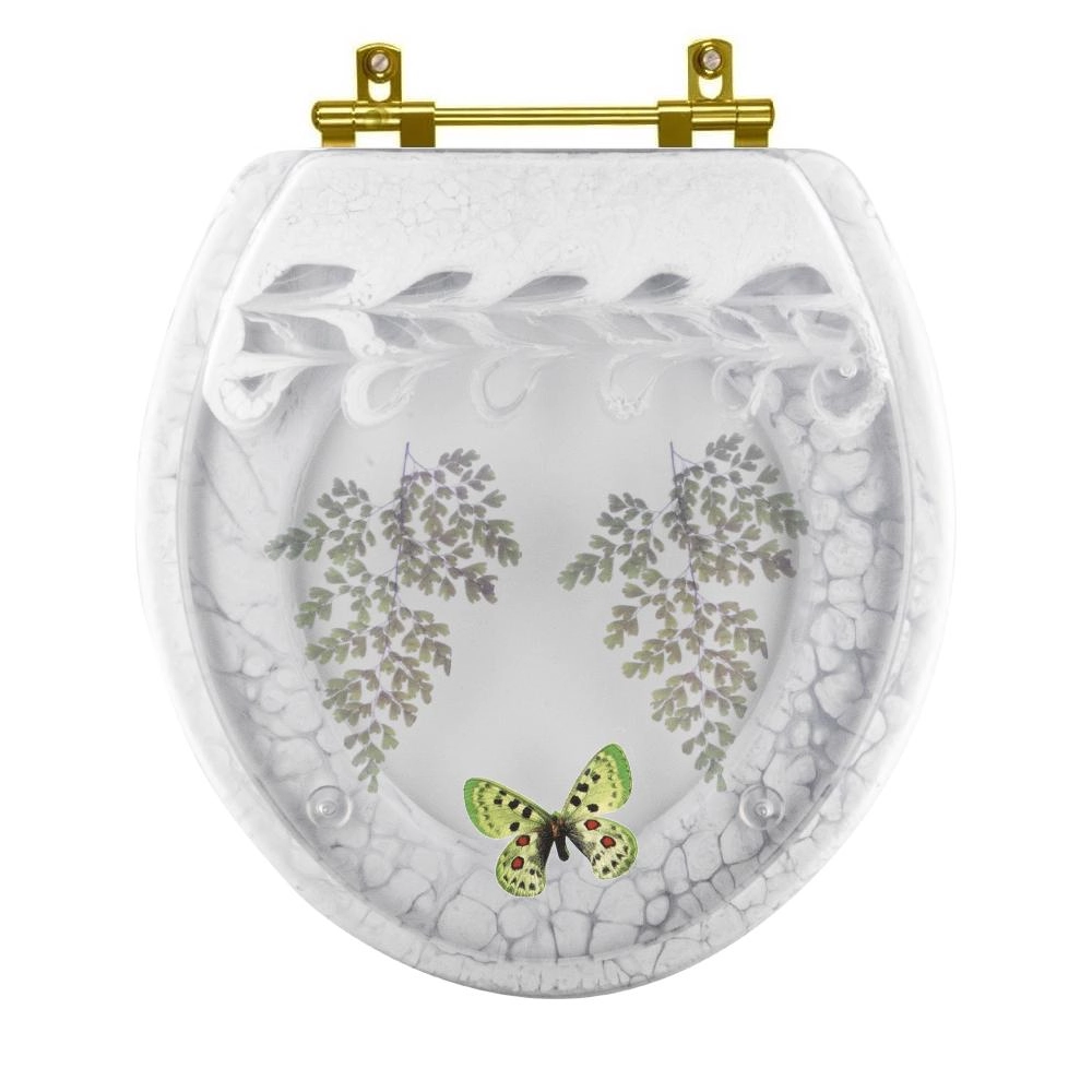Assento Sanitário Decorado Oval Convencional Com Borboleta Verde Para Todas As Marcas Com Ferragem Dourada