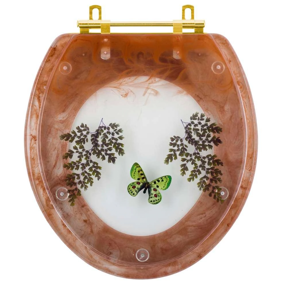 Assento Sanitário Decorado Oval Convencional Caramelo Com Borboleta Verde Para Todas As Marcas Com Ferragem Dourada
