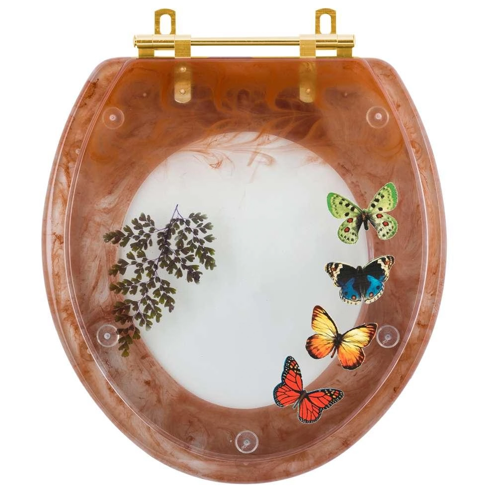 Assento Sanitário Poliéster Oval Convencional Caramelo Com 4 Borboletas Para Todas As Marcas Com Ferragem Dourada