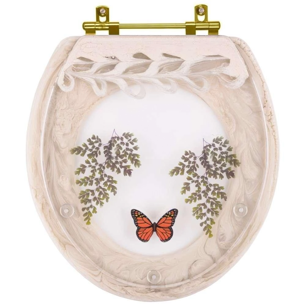 Assento Sanitário Poliester Decorado Oval Convencional Creme Avenca Com Borboleta Vermelha Com Ferragem Dourada