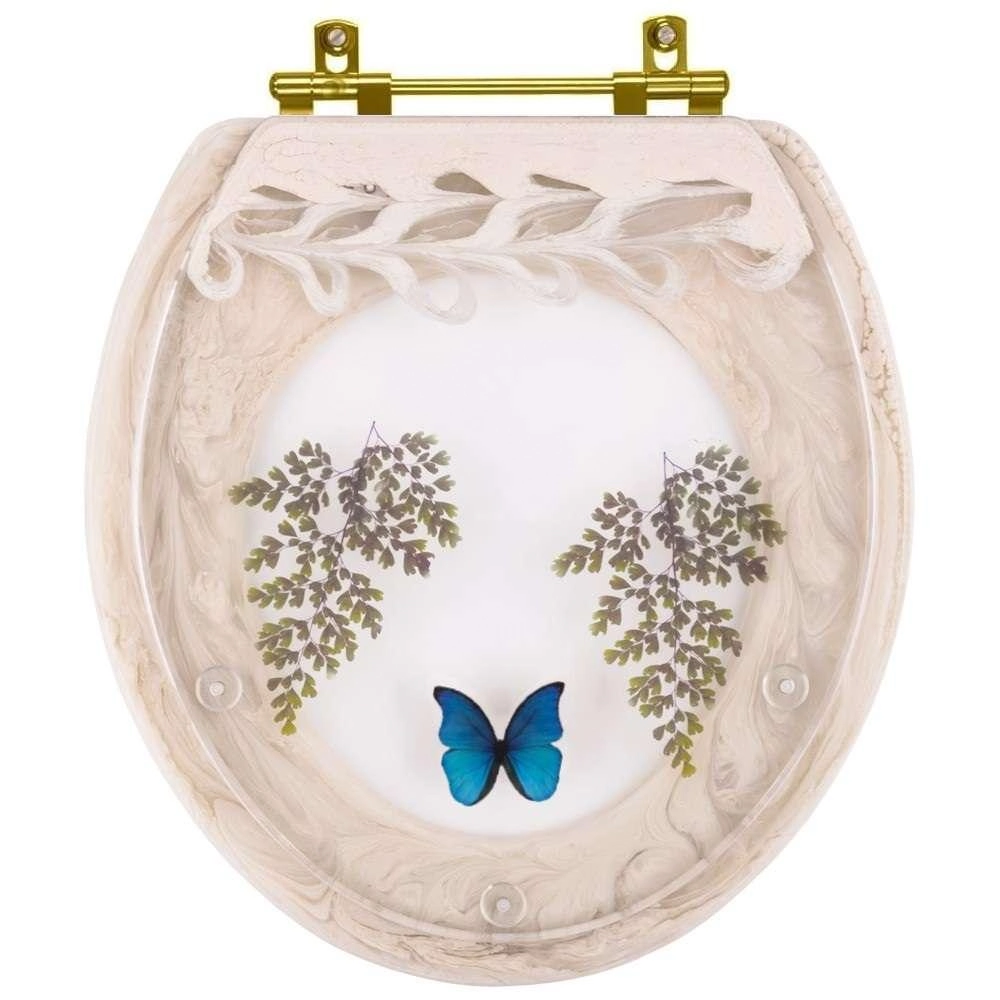 Assento Sanitário Decorado Oval Convencional Creme Com Borboleta Azul Com Ferragem Dourada