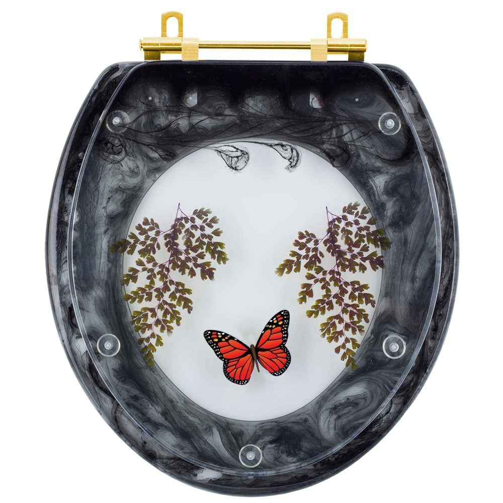 Assento Sanitário Poliester Decorado Oval Convencional Preto Avenca Com Borboleta Vermelha Com Ferragem Dourada