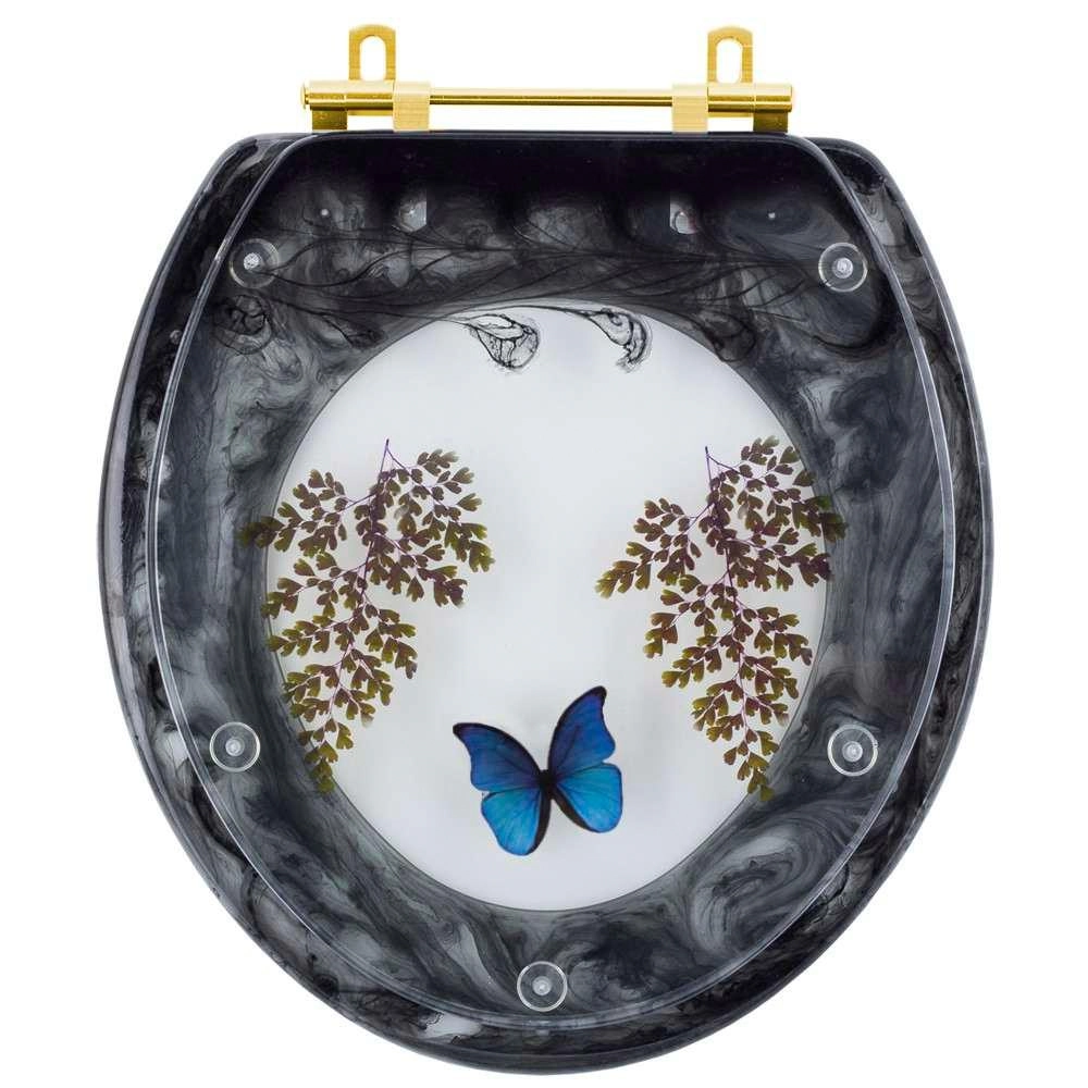 Assento Sanitário Decorado Oval Convencional Preto Com Borboleta Azul Com Ferragem Dourada