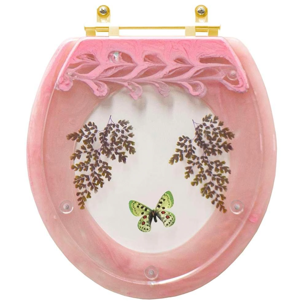 Assento Sanitário Decorado Oval Convencional Rosa Quartzo Com Borboleta Verde Para Todas As Marcas Com Ferragem Dourada