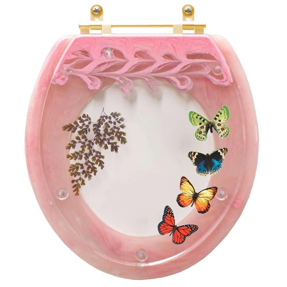 Assento Sanitário Poliéster Oval Convencional Rosa Quartzo Com 4 Borboletas Para Todas As Marcas Com Ferragem Dourada