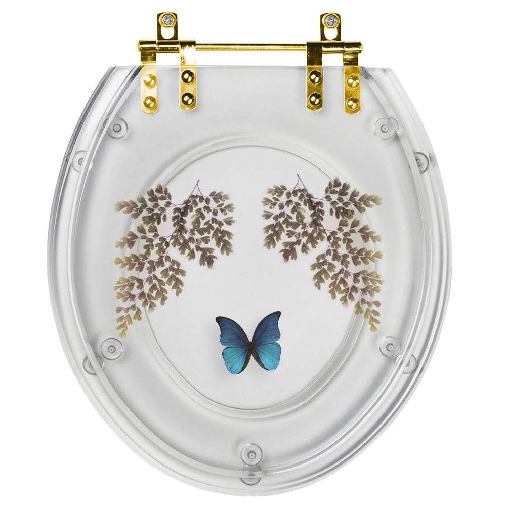 Assento Sanitário Poliester Oval Transparente Decorado Borboleta Azul Com Ferragem Dourada