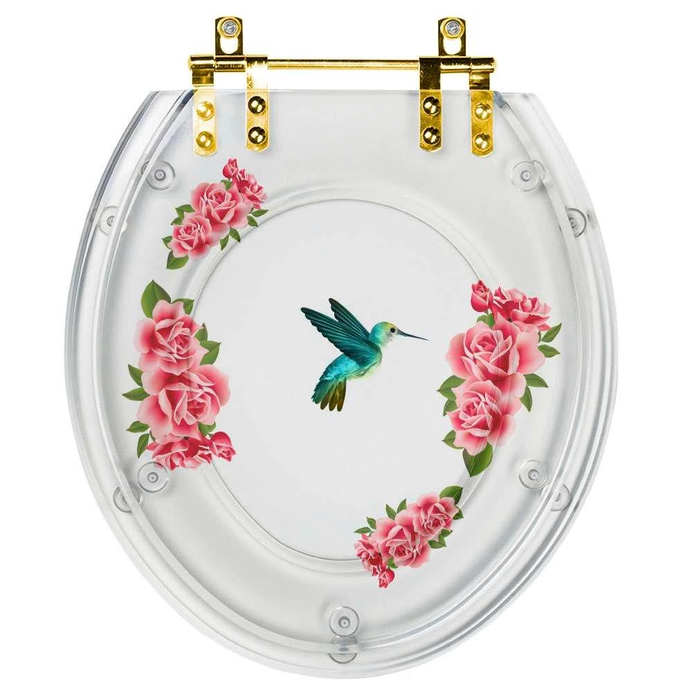 Assento Sanitário Poliester Decorada Convencional Transparente Beija Flor Com Ferragem Dourada