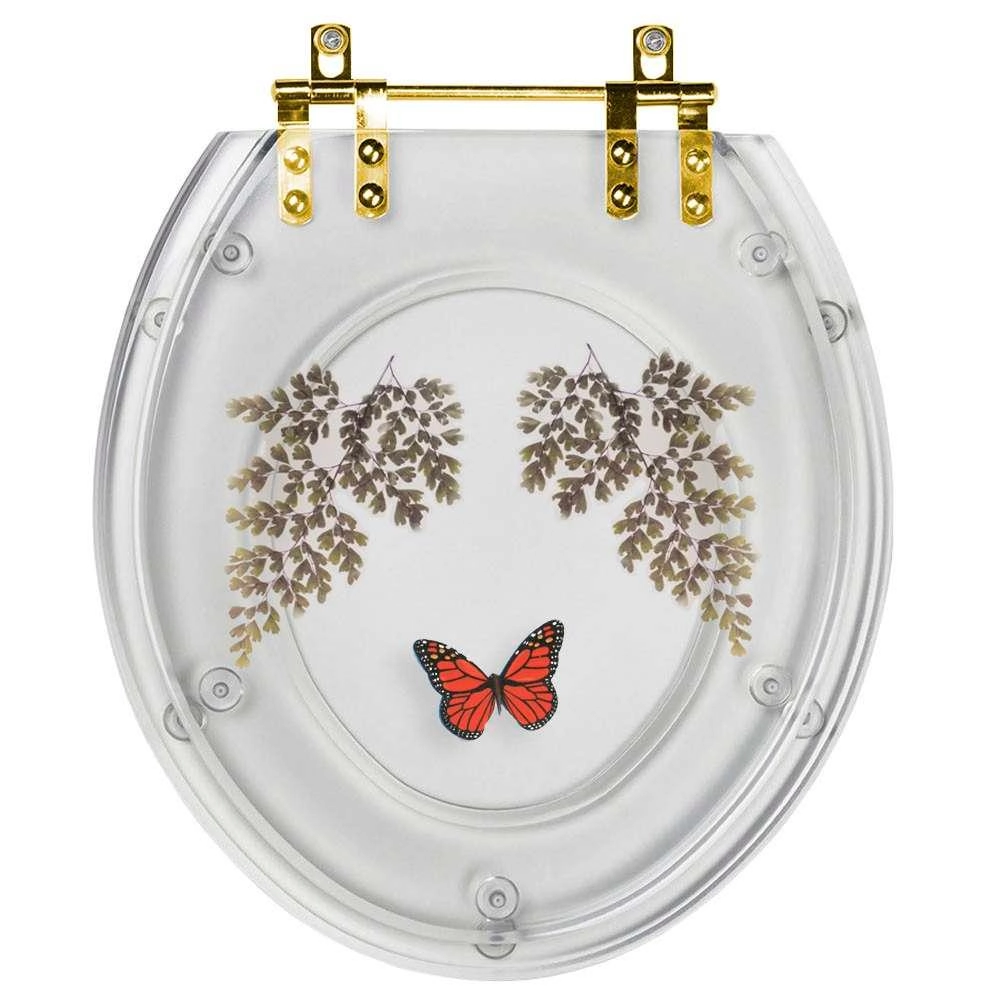 Assento Sanitário Poliester Decorado Oval Transparente Avenca Com Borboleta Vermelha Com Ferragem Dourada