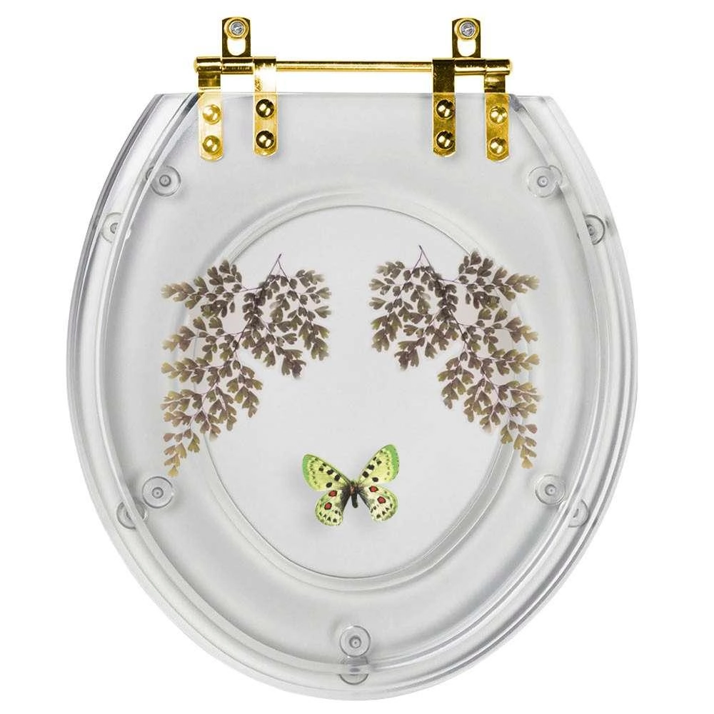 Assento Sanitário Decorado Oval Convencional Transparente Com Borboleta Verde Para Todas As Marcas Com Ferragem Dourada