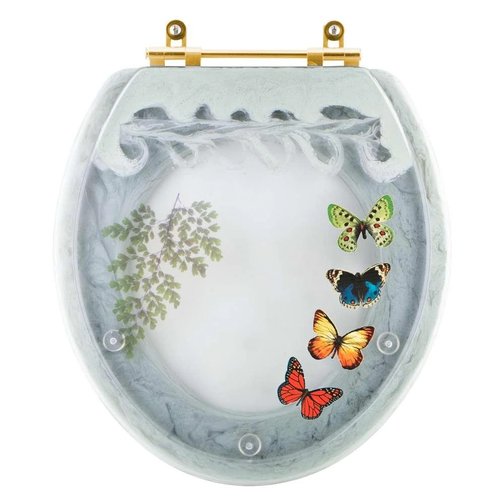 Assento Sanitário Poliester Oval Verde Agua Decorado Borboletas Com Ferragem Dourada