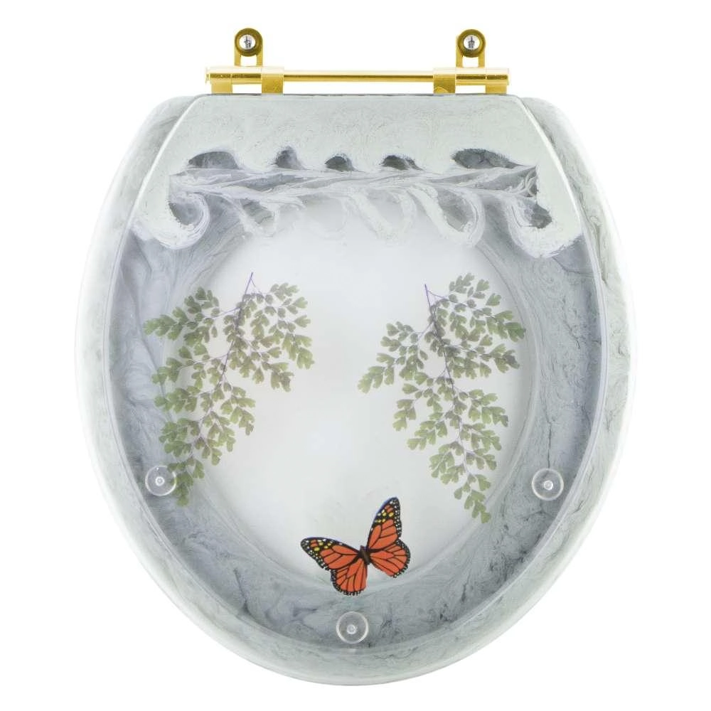 Assento Sanitário Poliester Decorado Oval Convencional Verde Agua Avenca Com Borboleta Vermelha Com Ferragem Dourada