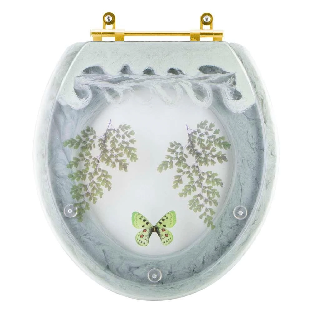 Assento Sanitário Decorado Oval Convencional Verde Agua Com Borboleta Verde Para Todas As Marcas Com Ferragem Dourada