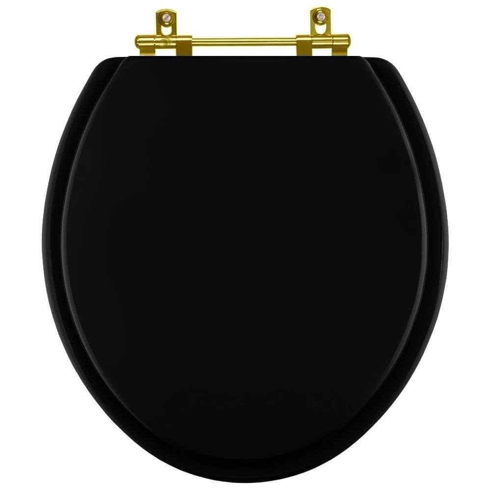 Assento Sanitario Poliéster Convencional Universal Oval Preto Com Ferragem Dourada