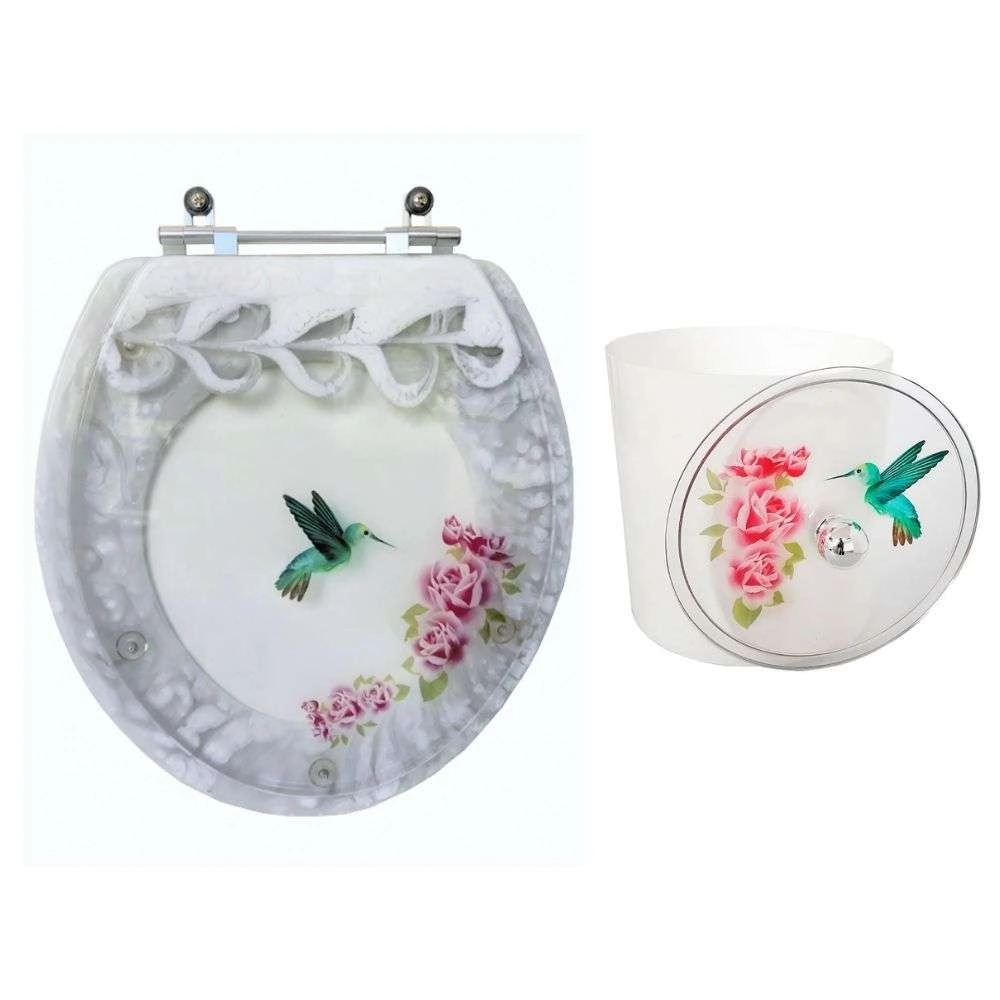Assento Sanitário Convencional Branco E Lixeira Decorado Beija Flor