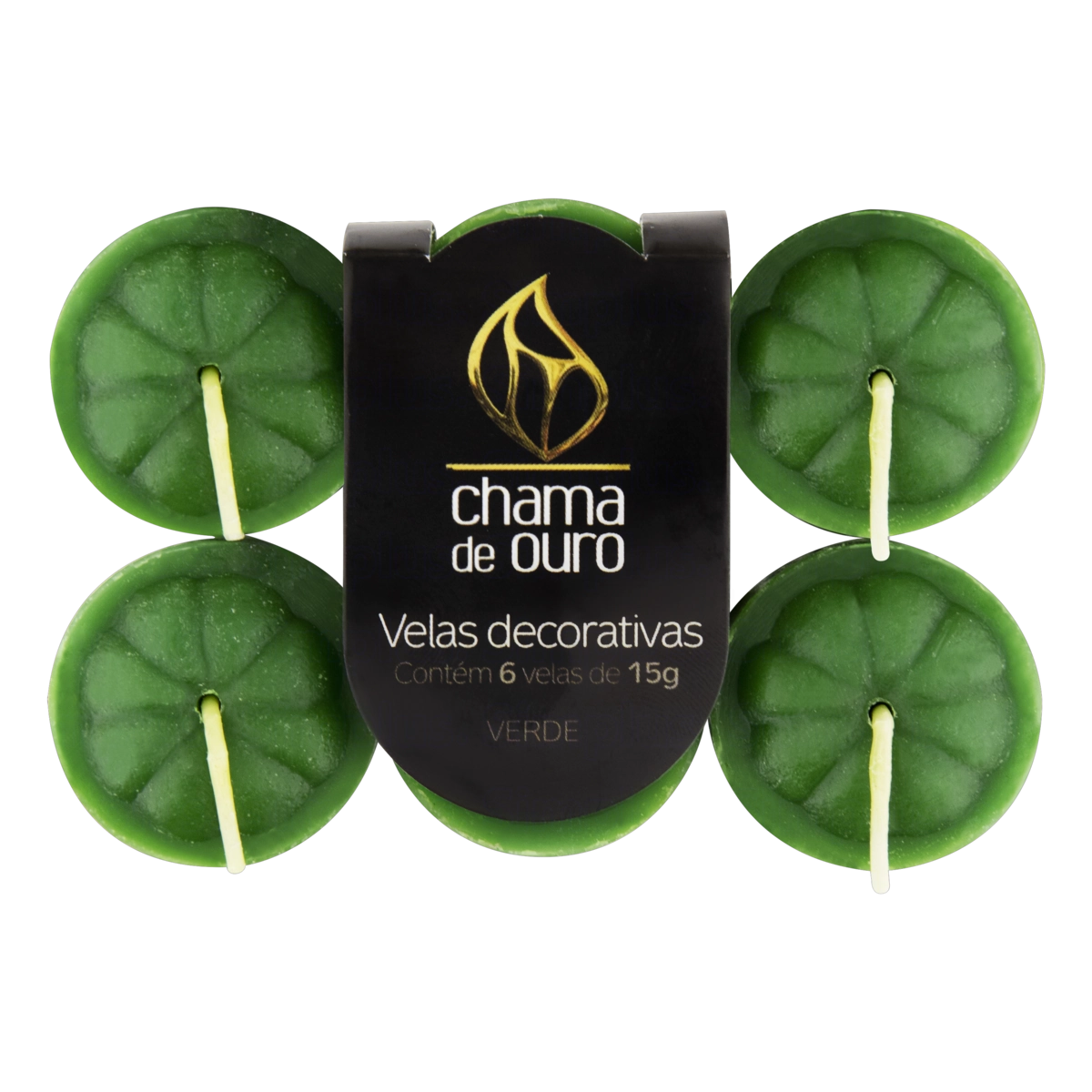 Vela Decorativa Verde Chama De Ouro 6 Unidades 15g Cada