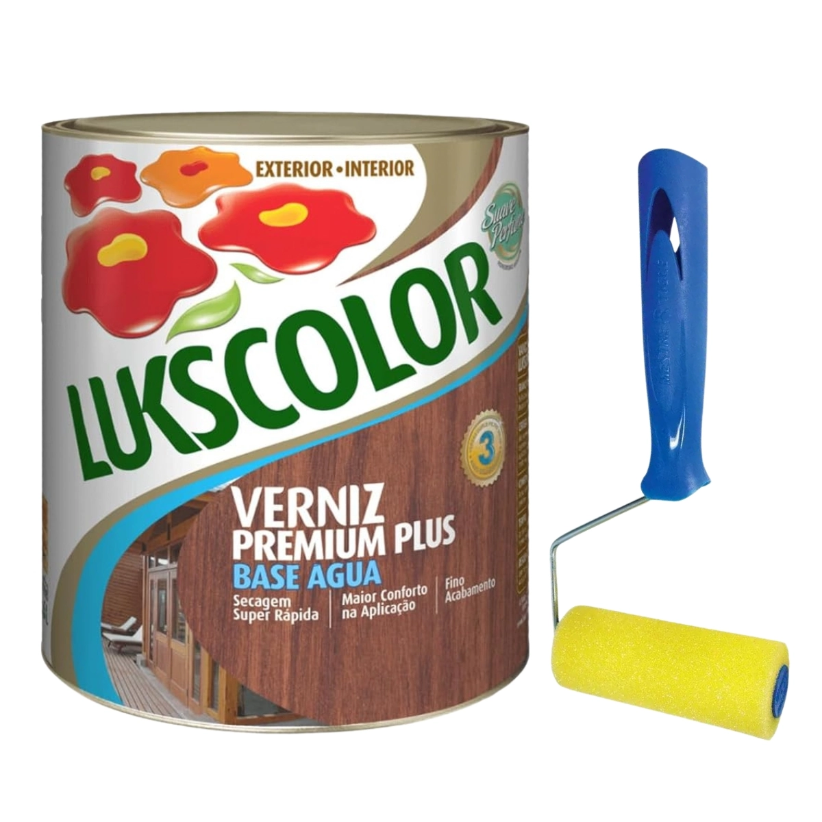 Verniz Base Água 900ml Madeira Lukscolor + Rolinho Espuma 9cm Acetinado Incolor + Rolinho 9cm