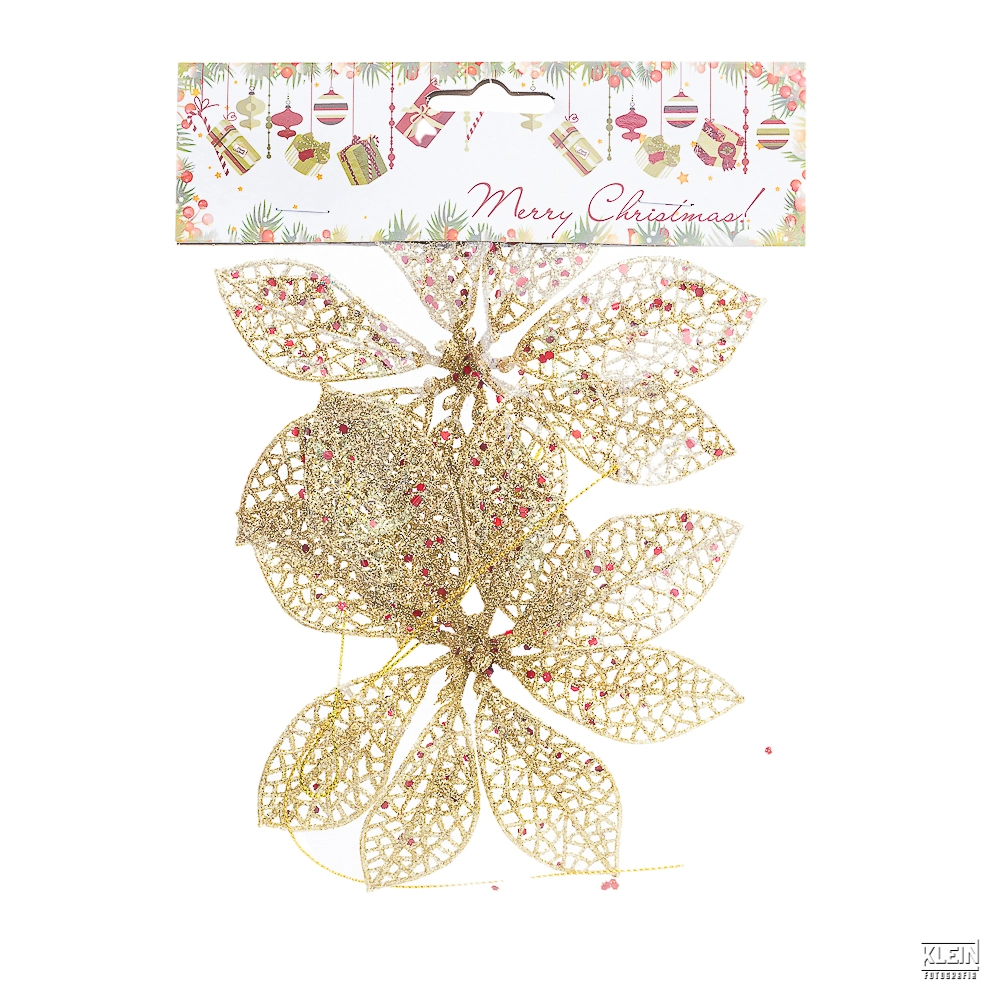 Enfeite Pendurar Arvore Natal Flor E Glitter Dourado 2un 14cm 30819dr