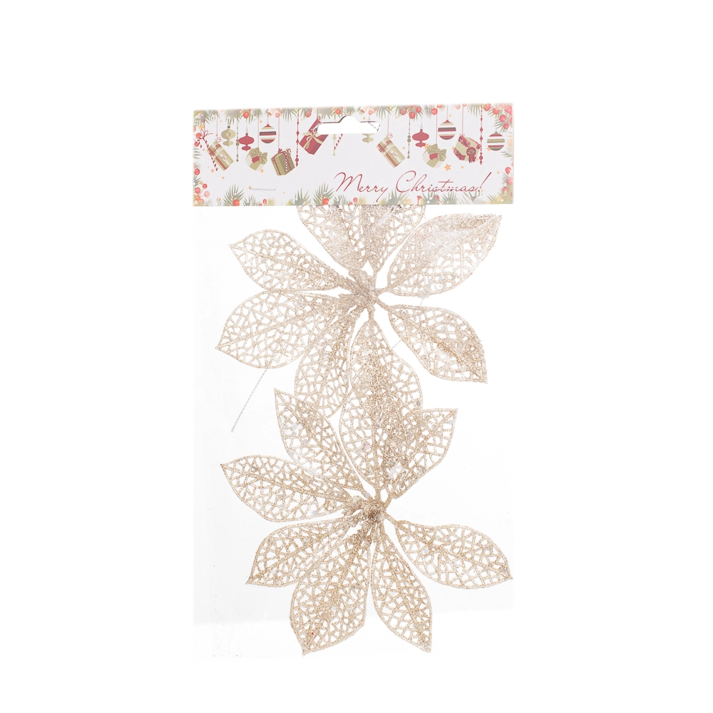 Enfeite Pendurar Arvore Natal Champagne Flor Glitter 2un 14cm 30819ch