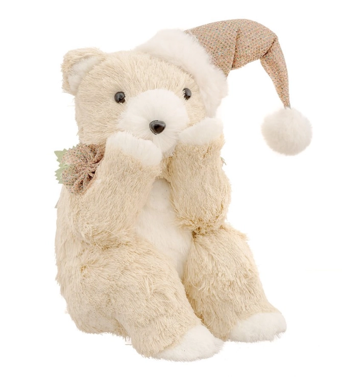 Boneco Urso Sentado Pensante Branco Natal 15x21x25cm 91472 Bela Flor