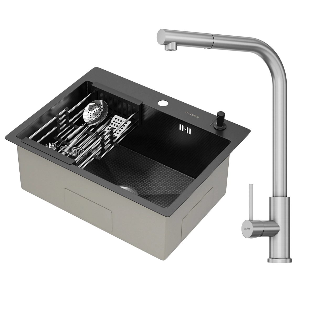 Kit Cuba Gourmet Mônaco Preto Aço Inox 304 E Torneira Gourmet Toronto Aço Inox Goldenx