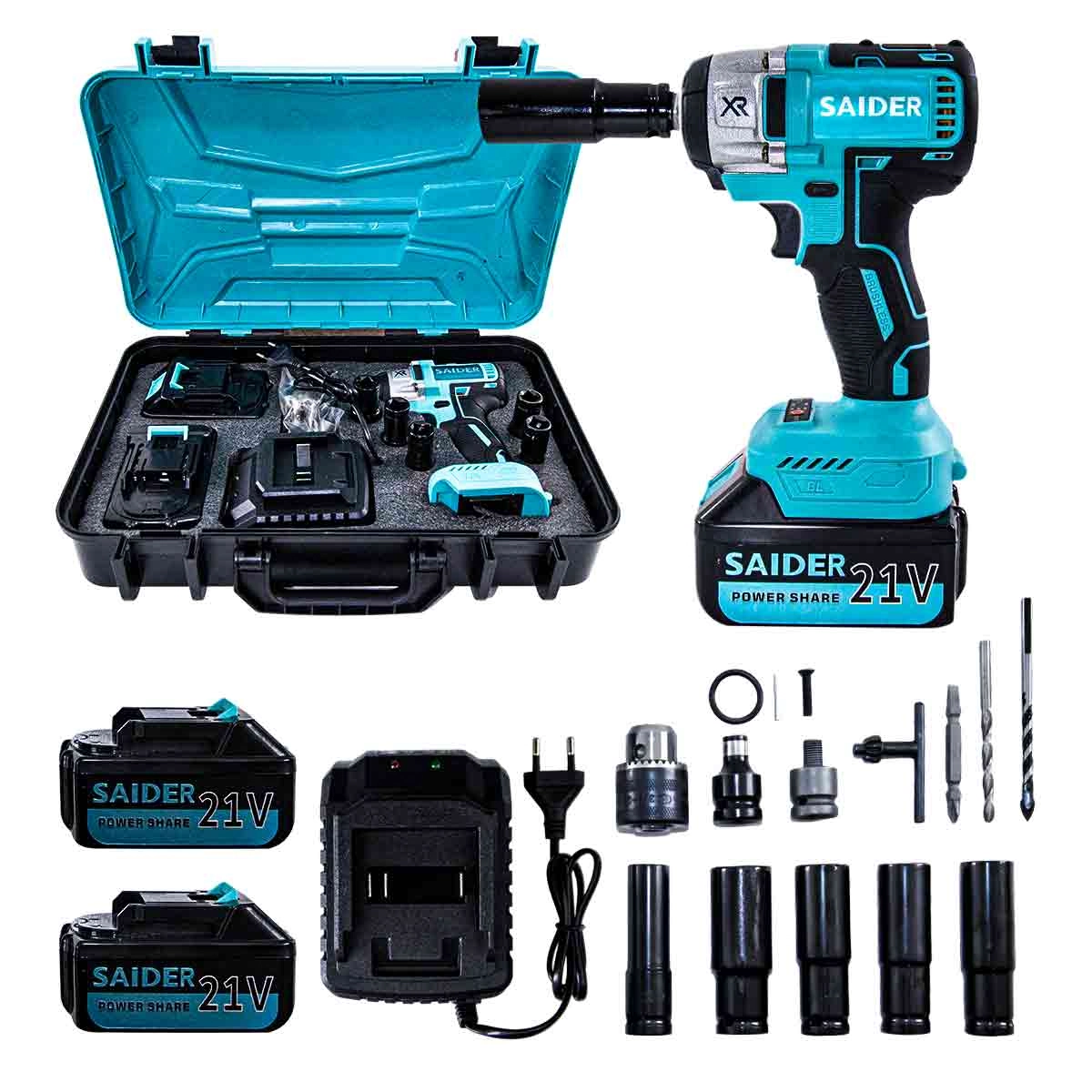 Parafusadeira Chave De Impacto 21v S/ Fio 320nm Saider Sa0003 + 2 Baterias