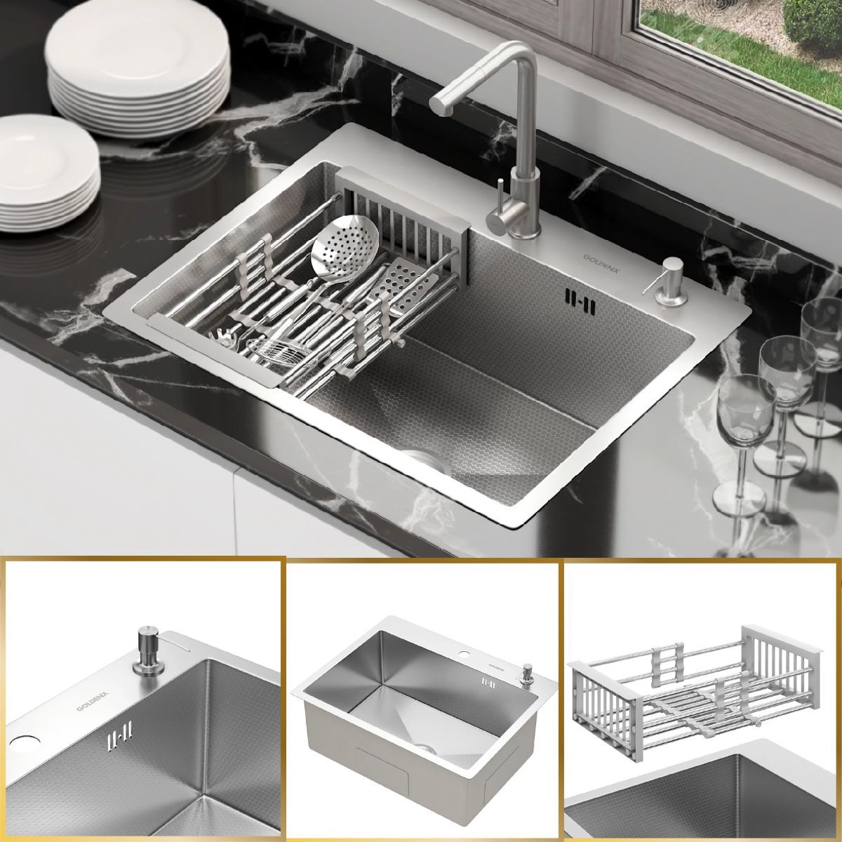 Cuba Cozinha Gourmet Quebec Quadrada 60cm Aço Inox 304 com Cesto Escorredor GoldenX