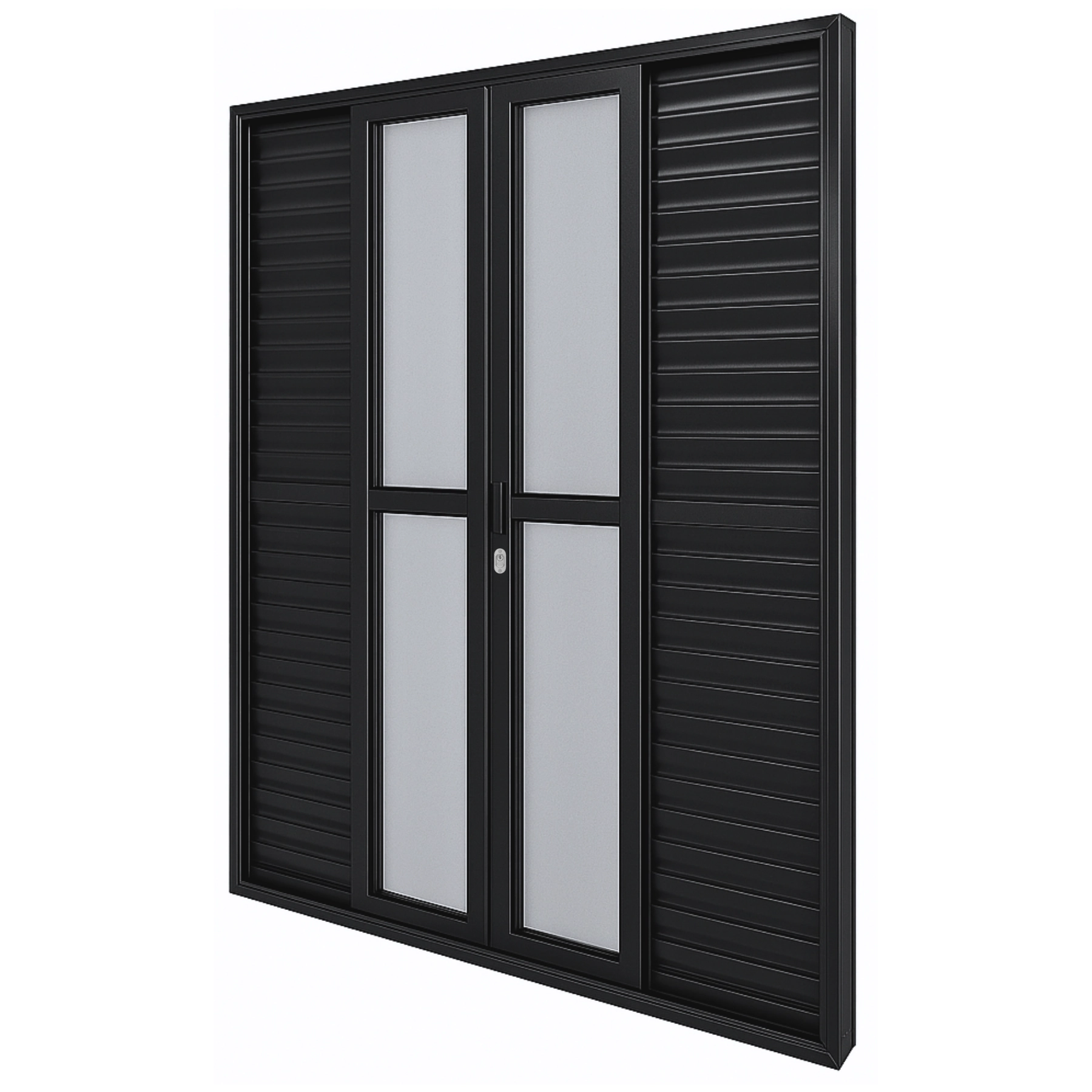Porta Balcão De Aluminio Preto 6 Folhas Linha 25 Com Fechadura 2,10x1,80