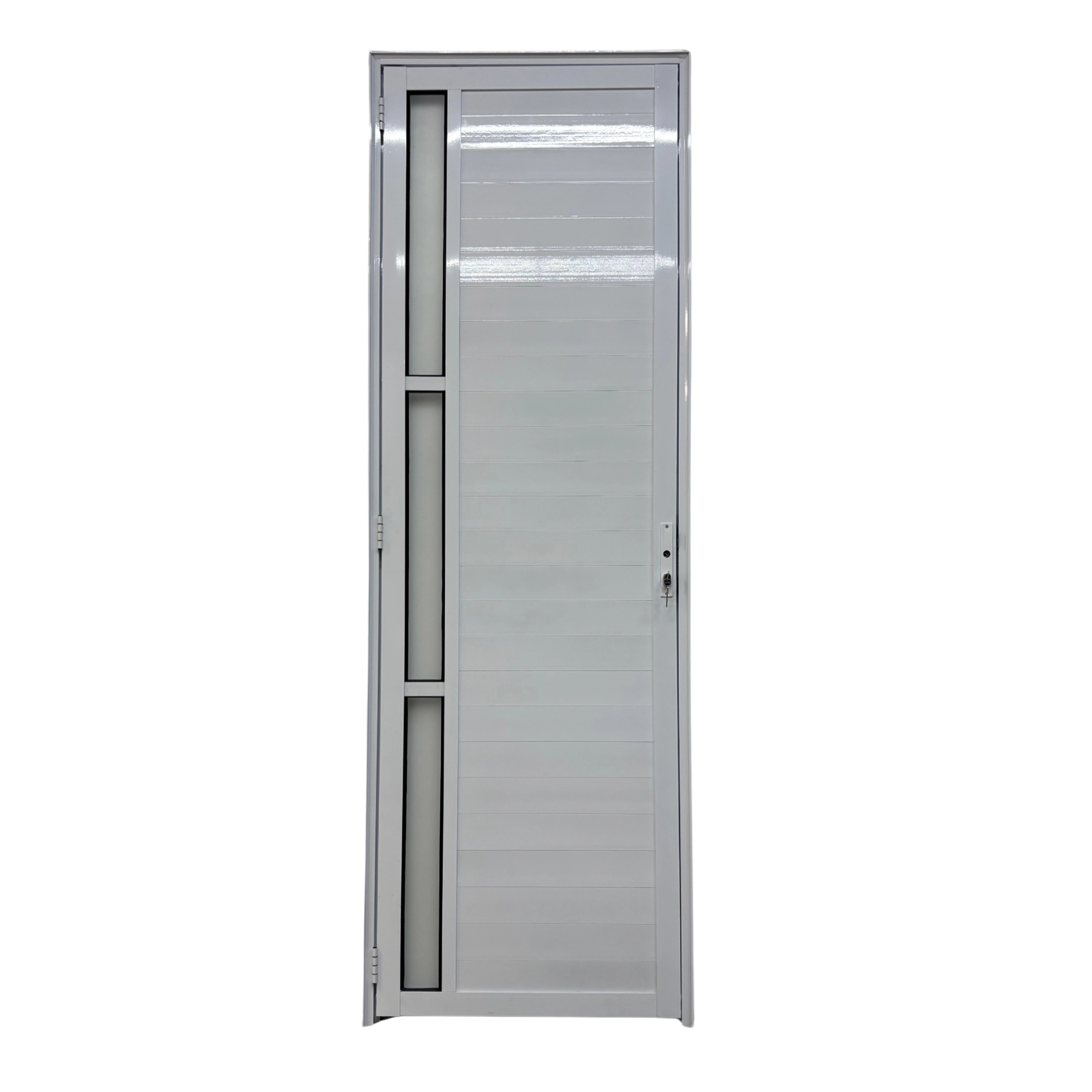 Porta De Aluminio Lambril Branco Com Maçaneta E Vidro Linha 25 - 210x90 Direita