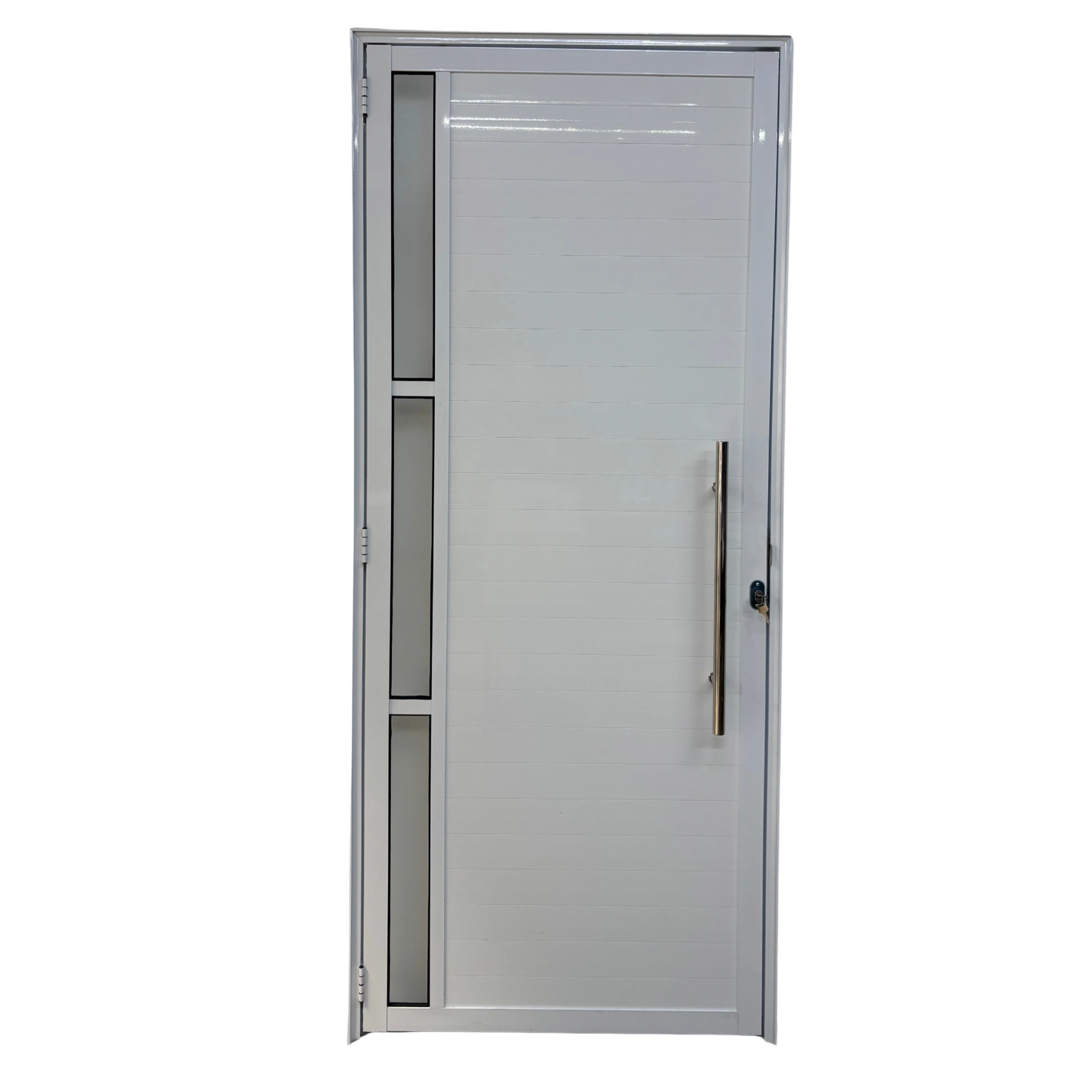 Porta De Aluminio Lambril Branco Com Puxador E Vidro Linha 25 - 210x80 Esquerda