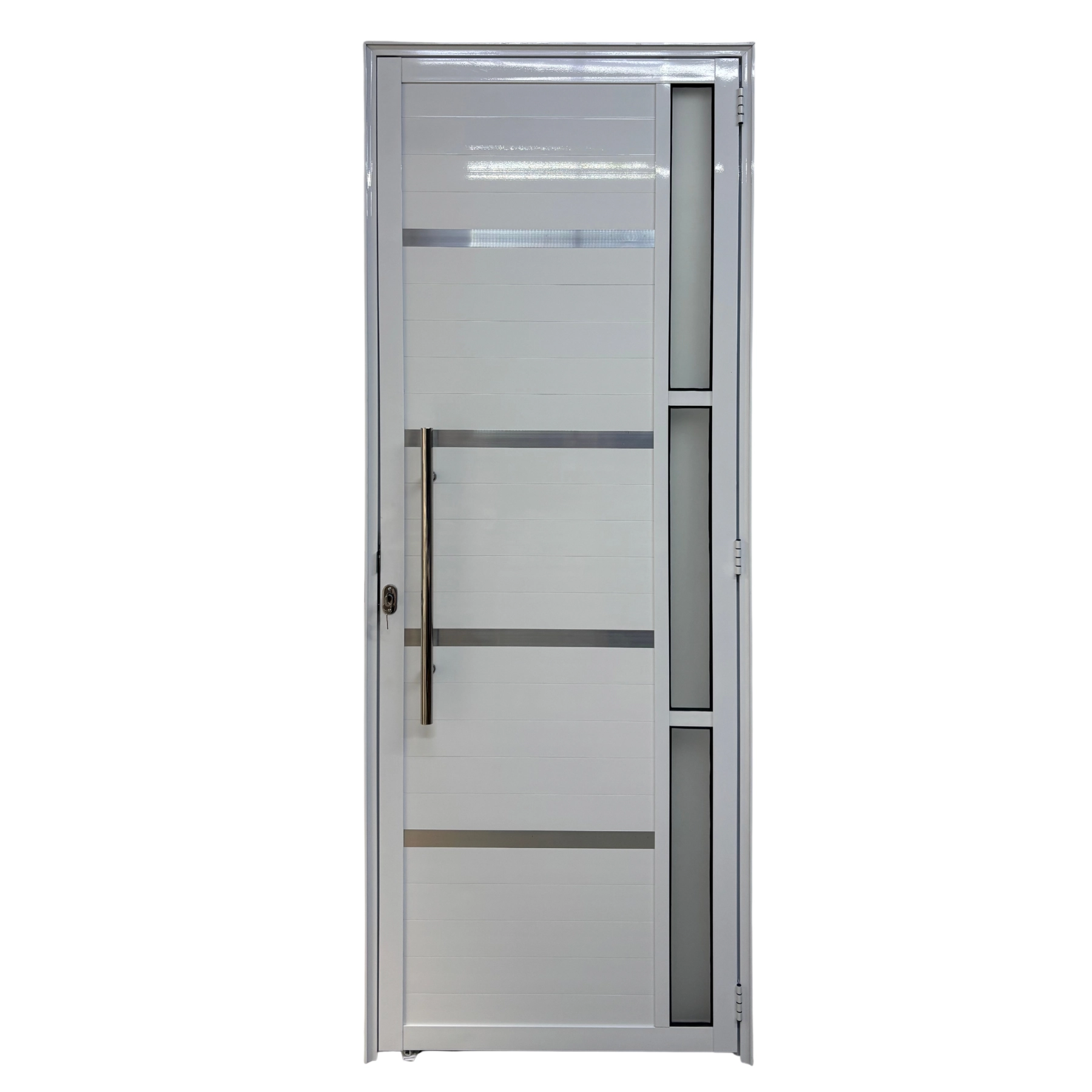 Porta De Aluminio Lambril Branco Com Puxador, Vidro E Friso Linha 25 - 210x90 Esquerda