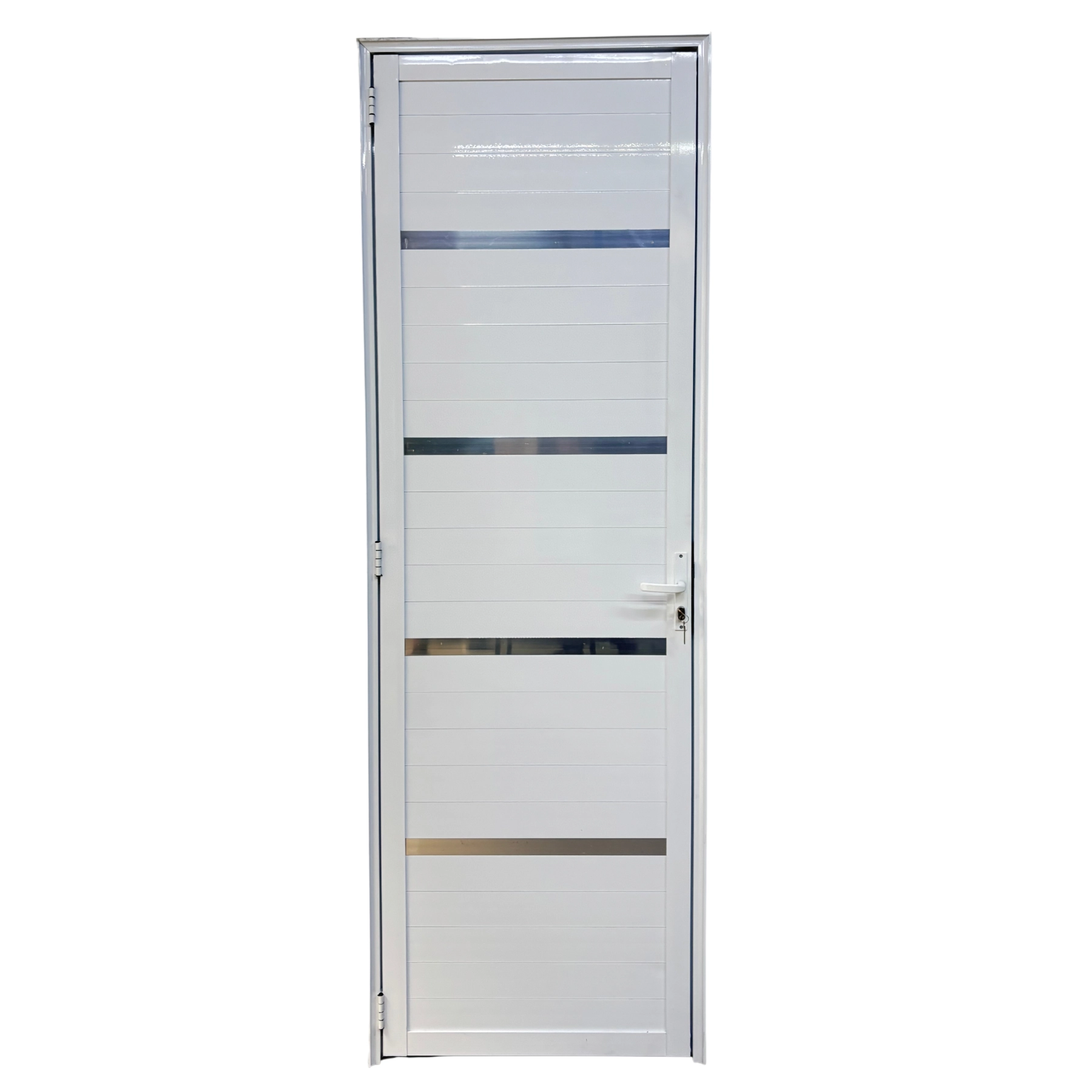 Porta De Aluminio Lambril Branco Com Maçaneta E Friso Linha 25 - 210x70 Esquerda