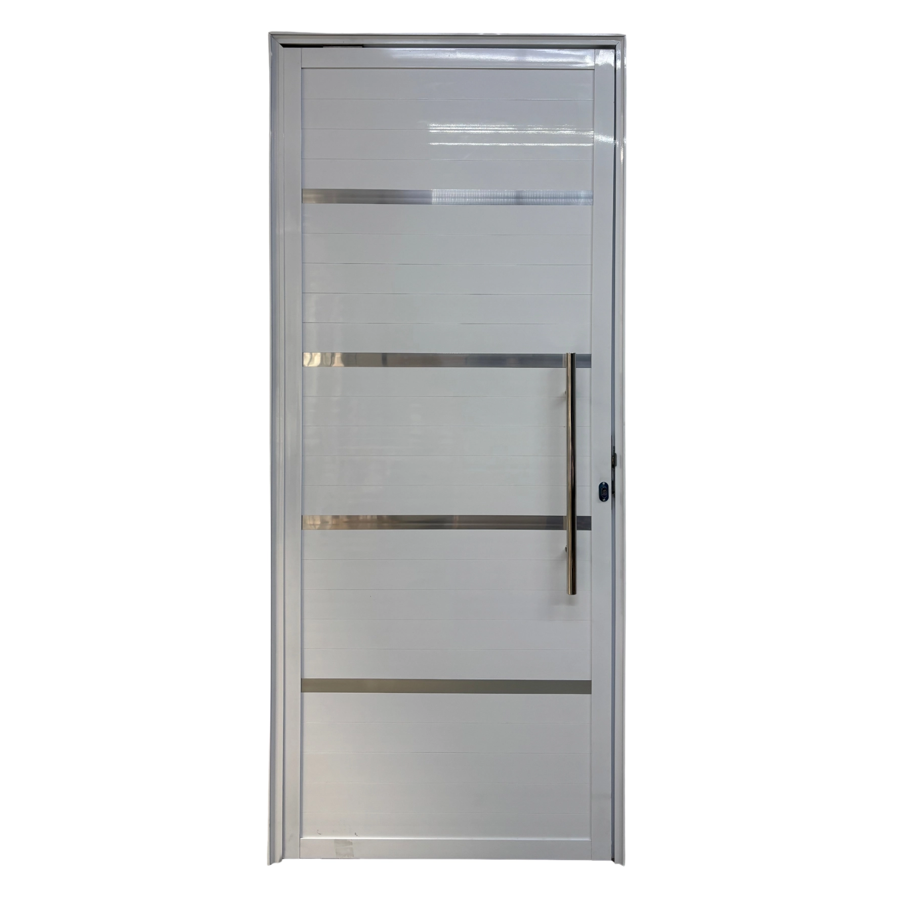 Porta De Aluminio Lambril Branco Com Puxador E Friso Linha 25 - 210x70 Esquerda