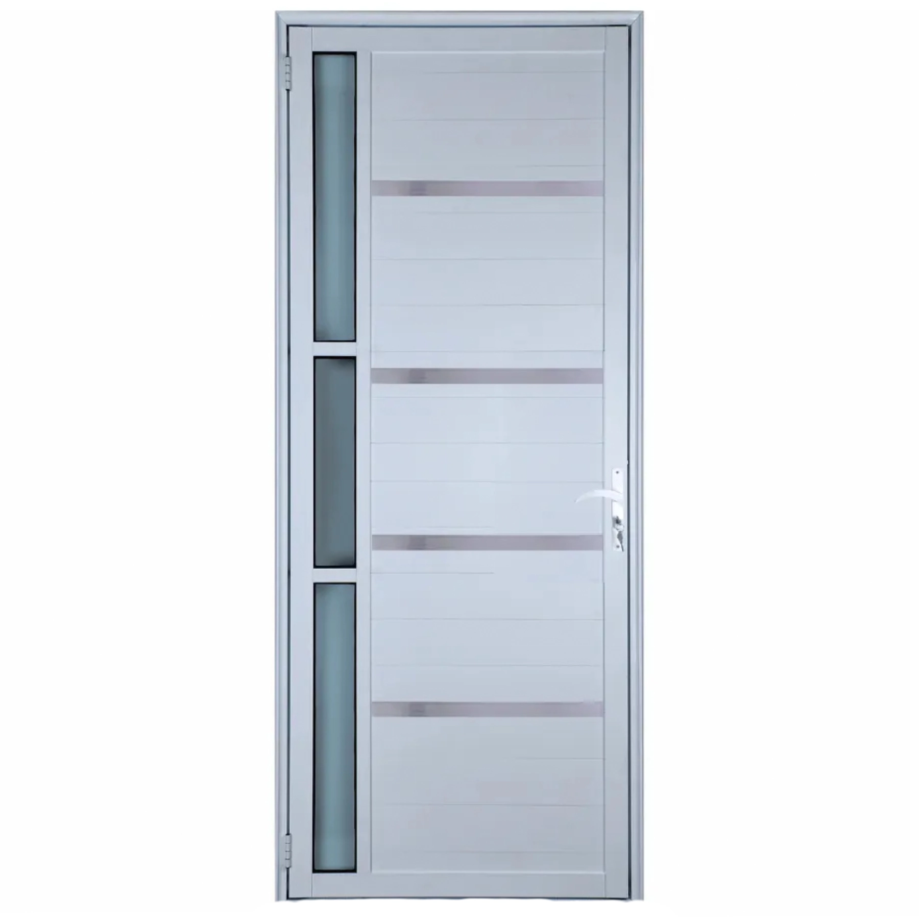 Porta De Aluminio Lambril Branco Com Maçaneta, Vidro E Friso Linha 25 - 210x90 Esquerda