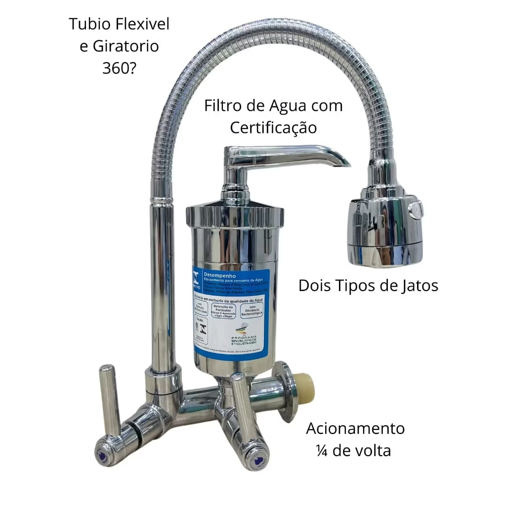 Torneira Gourmet Com Filtro Cozinha Luxo Parede 1/4 De Volta Parede 2 Jatos