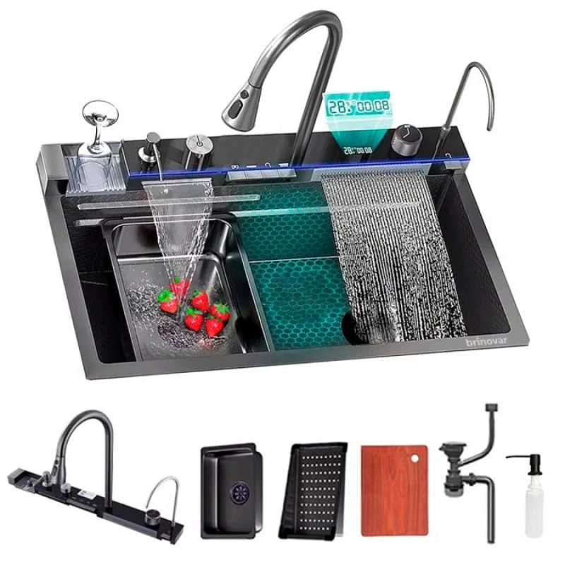 Cuba Cascata Premium Gourmet Multifuncional Lavador De Copos E Torneira Aço Inox 304 Preta Brinovar
