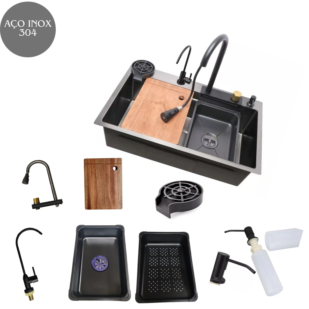 Cuba Gourmet 75x45cm Completa Cascata Lava Copos Aço Inox 304 Cozinha Pia