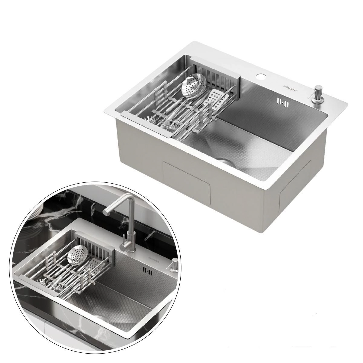 Cuba Para Cozinha Gourmet Quebec Quadrada 60cm Aço Inox 304 com Cesto Escorredor GoldenX