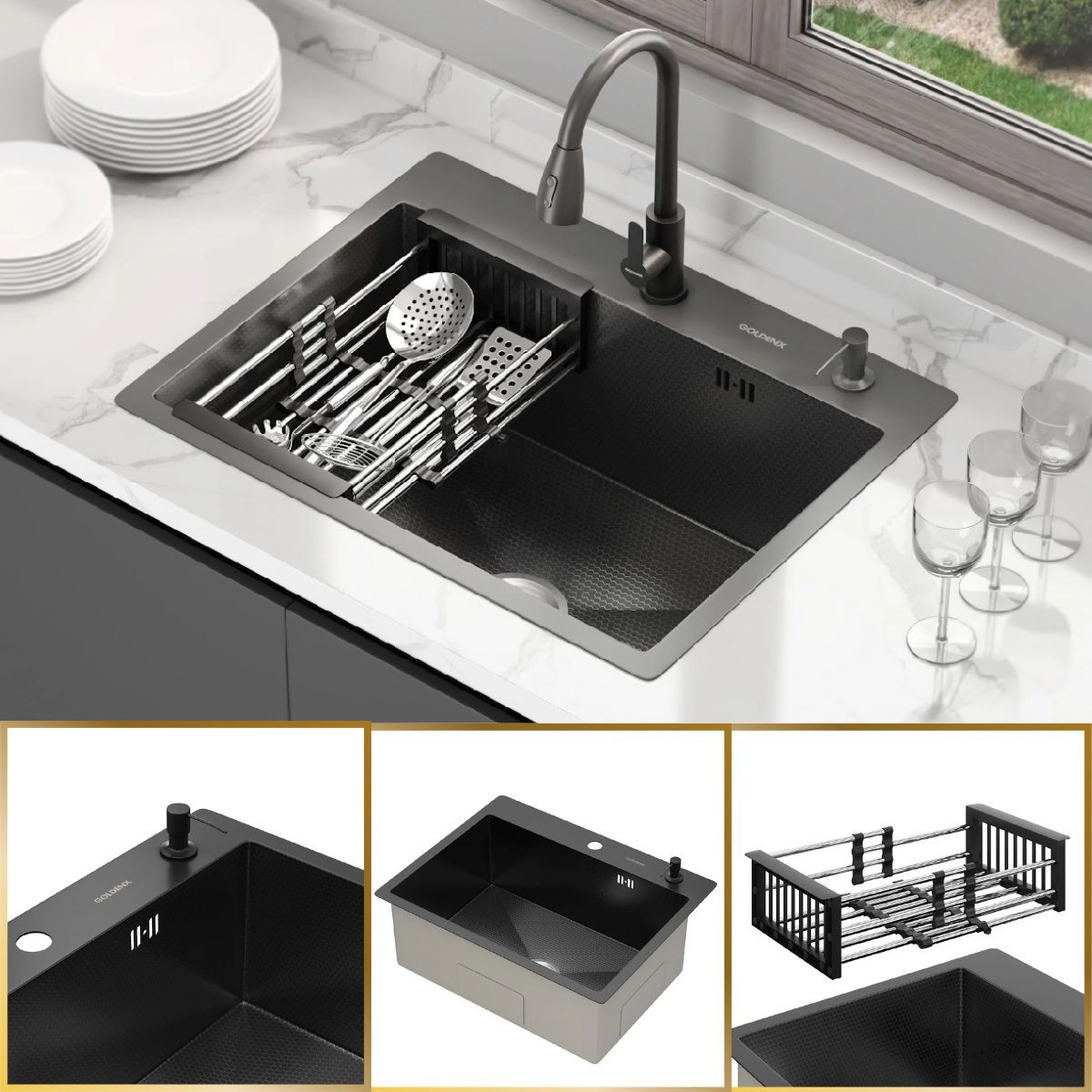 Cuba Para Cozinha Mônaco Quadrada Preto Aço Inox 304 Com Cesto Escorredor Goldenx