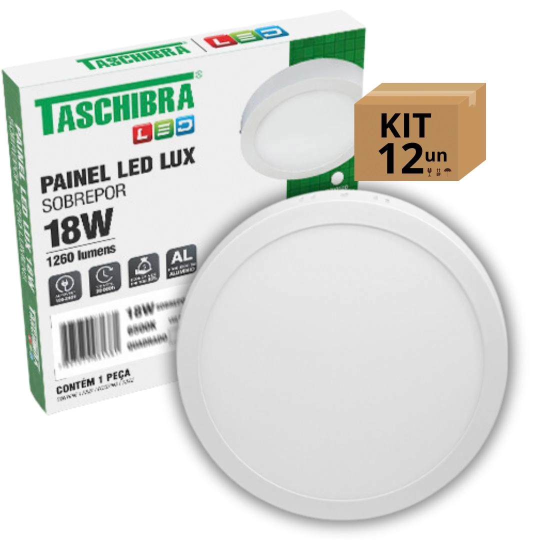 Kit 12un Painel Led Taschibra Sobrepor Redondo 18w 3000k