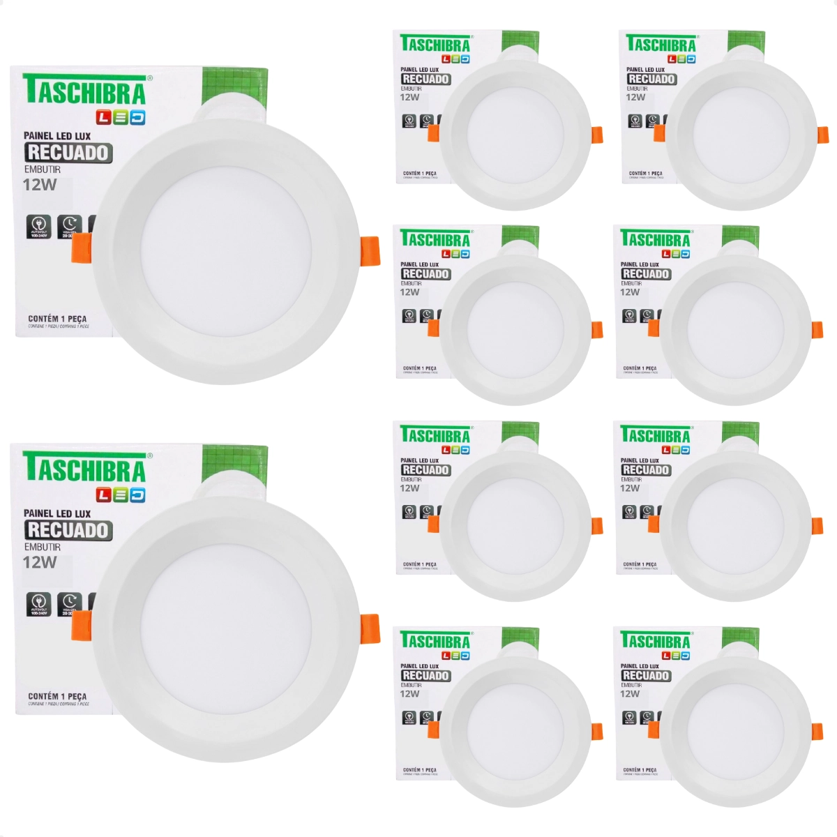 Kit 10 Painel De Led Redondo Embutir Recuado 12w Bivolt Taschibra 4000k Neutro