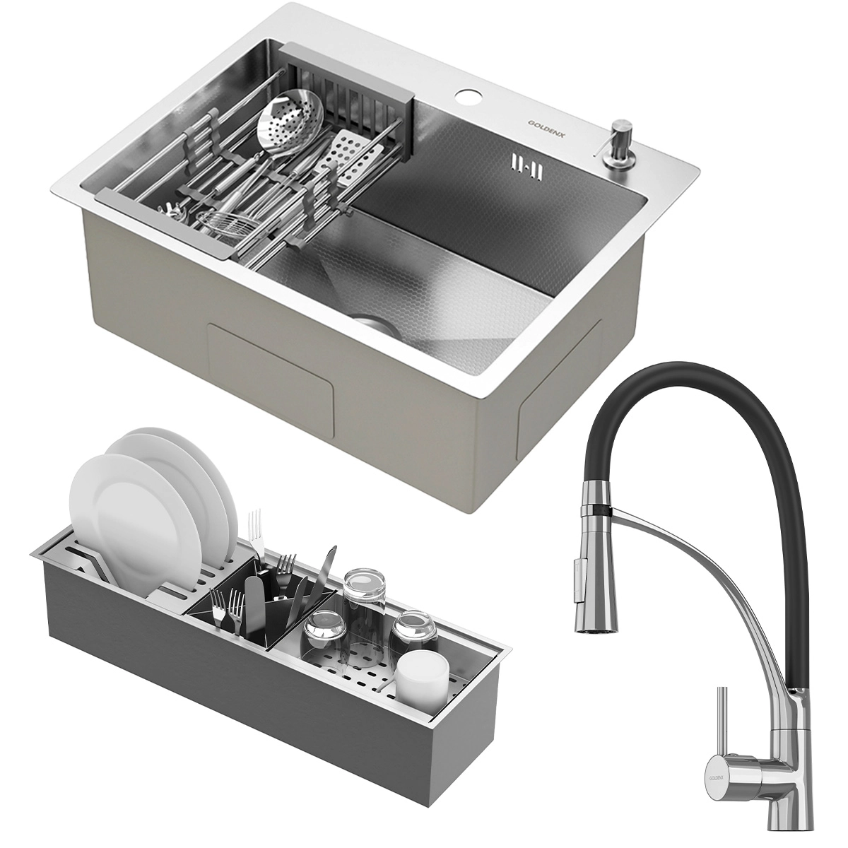 Kit Cuba Quebec 60cm Aço Inox 304 + Calha Organizadora Aço Inox + Torneira Florença Monocomando GoldenX