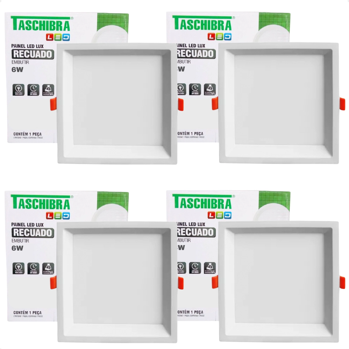 Kit 4 Painel De Led Quadrado Embutir Recuado 6w Bivolt Taschibra 3000k Quente