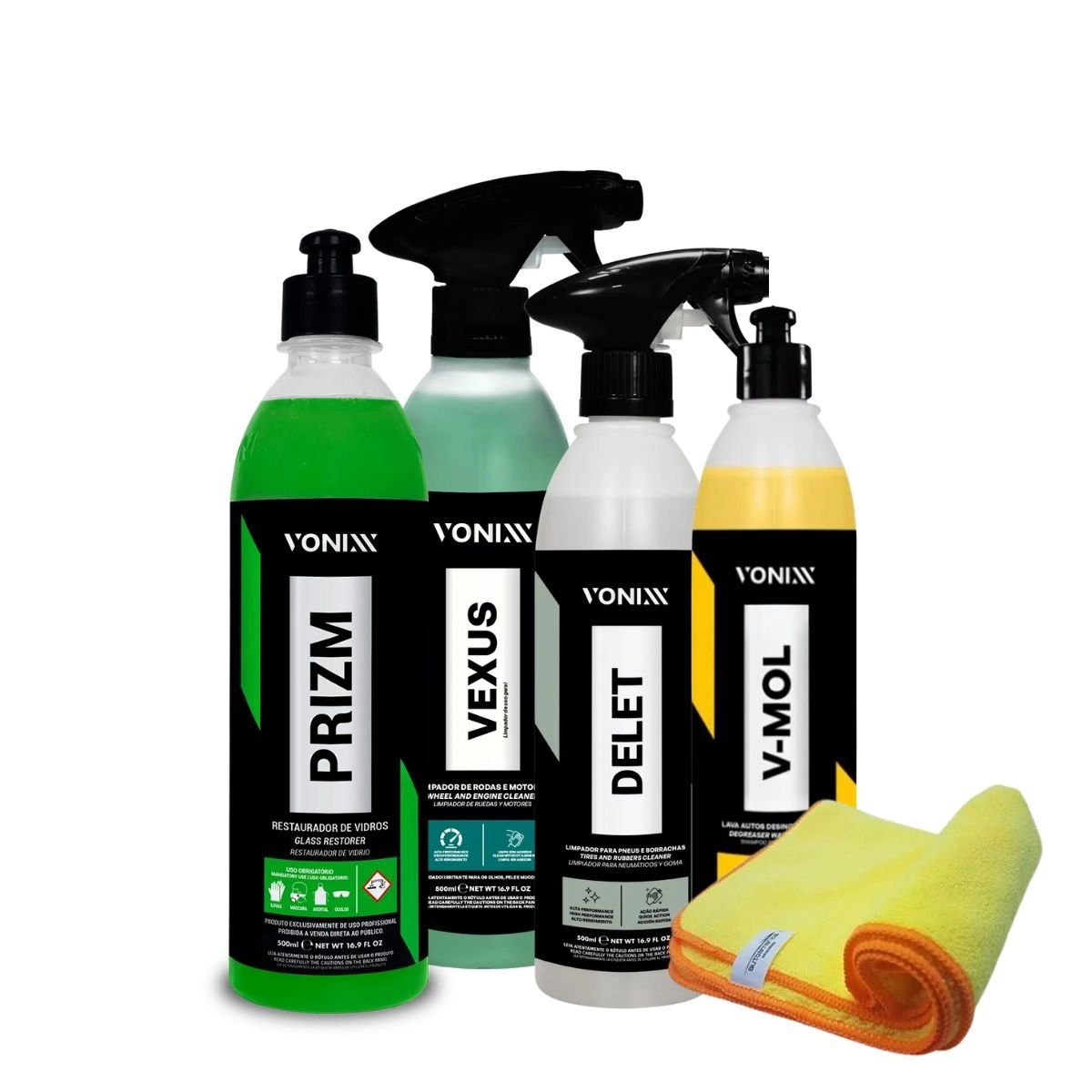 Kit Limpeza Automotiva Vonixx 4x500ml + Flanela Microfibra