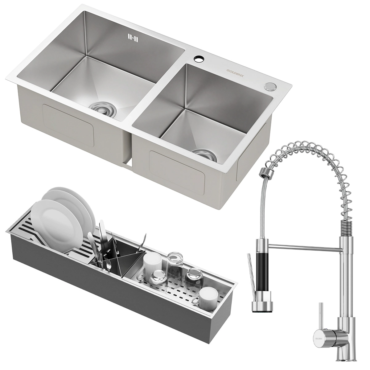 Kit Cuba Dupla Nápoles Aço Inox 304 Calha Oragnizadora Aço Inox E Torneira Genebra Monocomando Goldenx