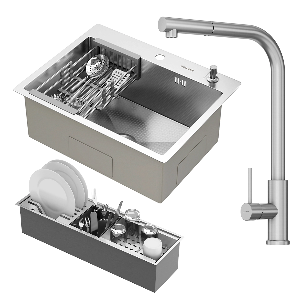 Kit Cuba Quebec 60cm Aço Inox 304 + Calha Organizadora Aço Inox + Torneira Toronto Aço Inox GoldenX