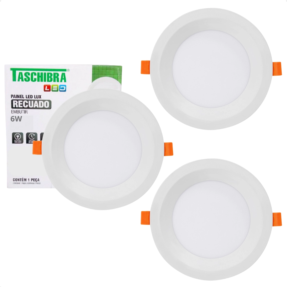 Kit 3 Painel De Led Redondo Embutir Recuado 6w Bivolt Taschibra 6500k Frio