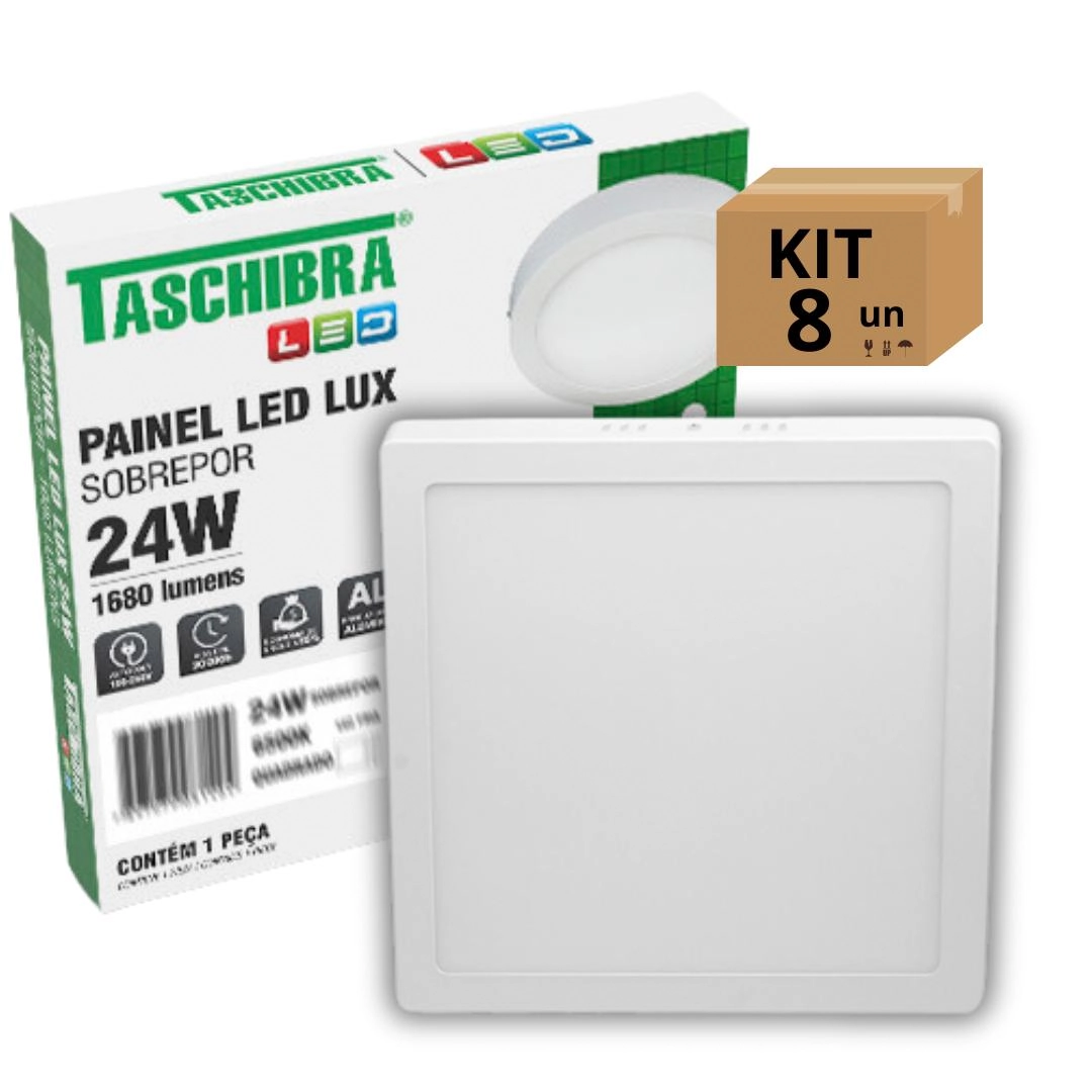 Kit 8un Painel Led Taschibra Sobrepor Quadrado 24w 3000k
