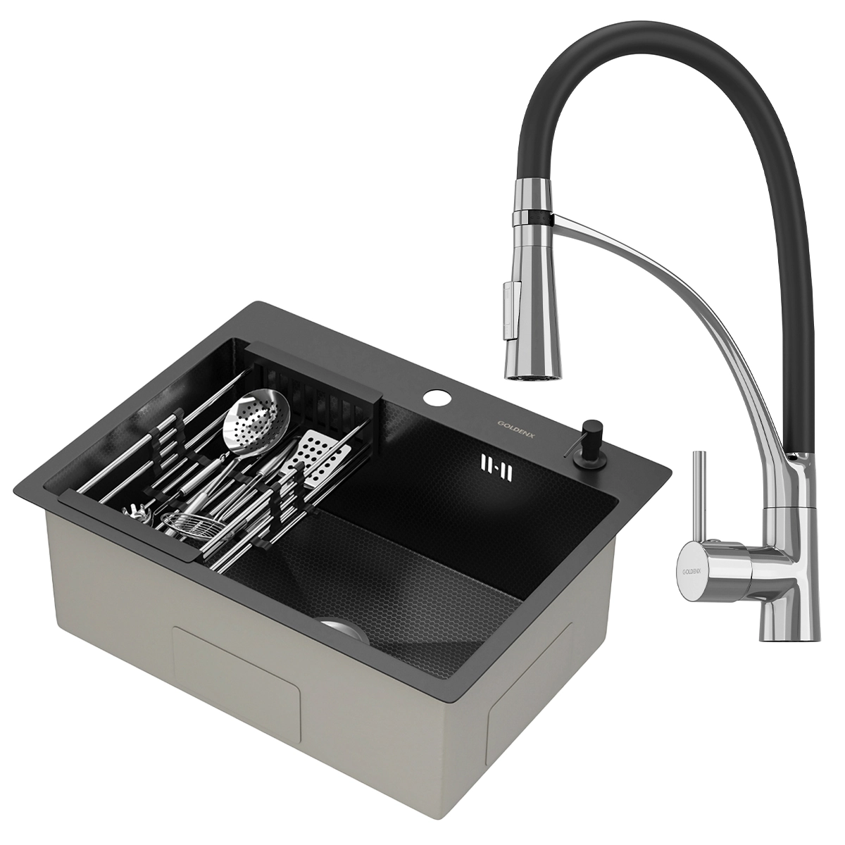 Kit Cuba Gourmet Mônaco Preto Aço Inox 304 E Torneira Gourmet Florença Monocomando Goldenx