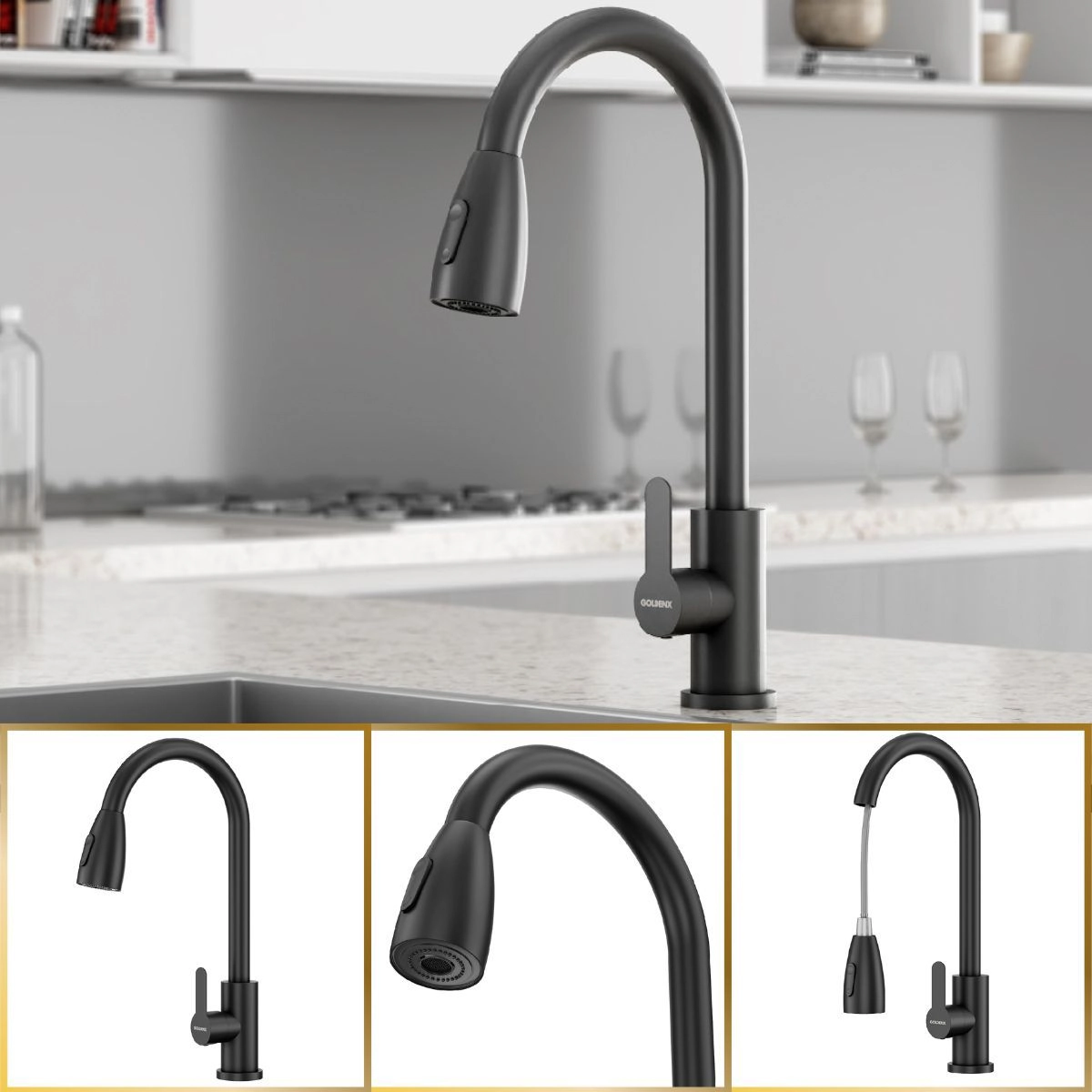 Torneira De Cozinha Roma Mangueira Flexível Aço Inox Preto Goldenx
